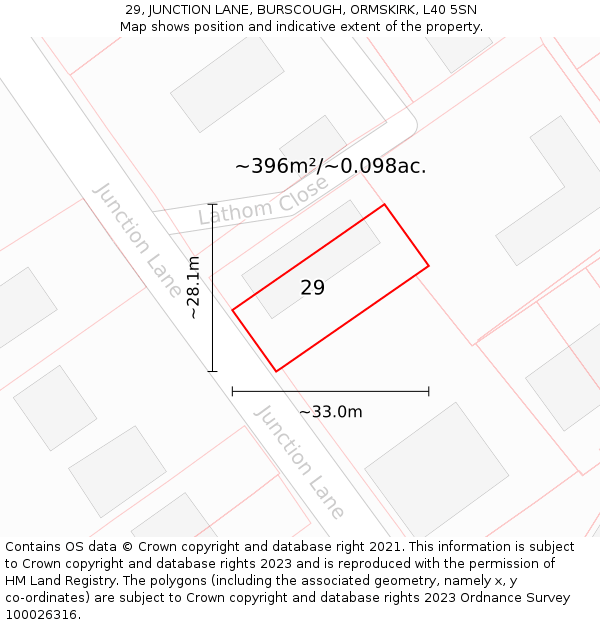 29, JUNCTION LANE, BURSCOUGH, ORMSKIRK, L40 5SN: Plot and title map
