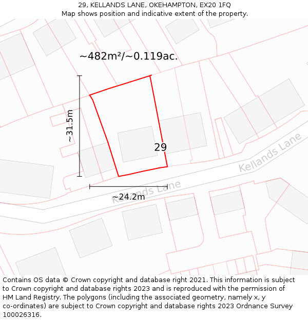 29, KELLANDS LANE, OKEHAMPTON, EX20 1FQ: Plot and title map