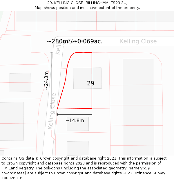 29, KELLING CLOSE, BILLINGHAM, TS23 3UJ: Plot and title map