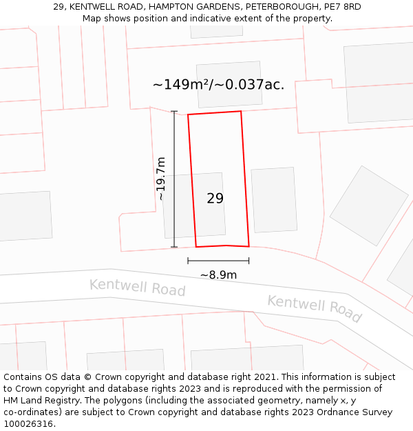 29, KENTWELL ROAD, HAMPTON GARDENS, PETERBOROUGH, PE7 8RD: Plot and title map