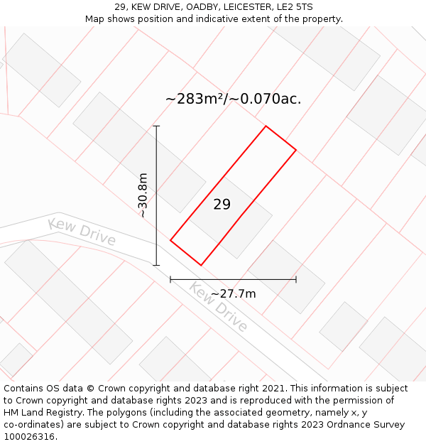 29, KEW DRIVE, OADBY, LEICESTER, LE2 5TS: Plot and title map