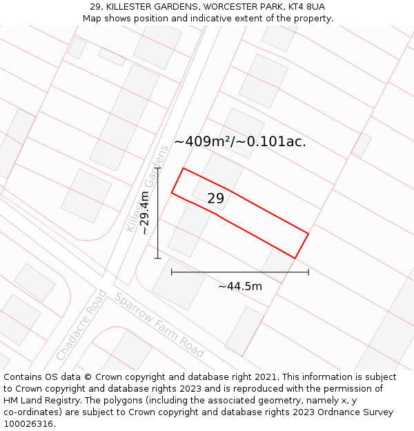 29, KILLESTER GARDENS, WORCESTER PARK, KT4 8UA: Plot and title map