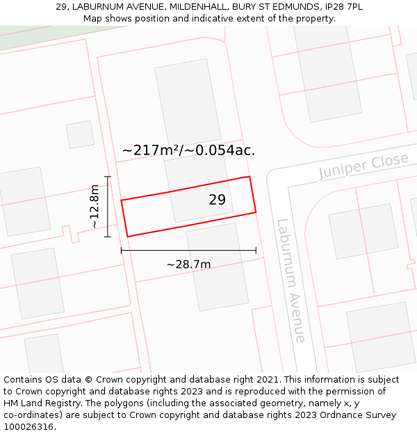 29, LABURNUM AVENUE, MILDENHALL, BURY ST EDMUNDS, IP28 7PL: Plot and title map