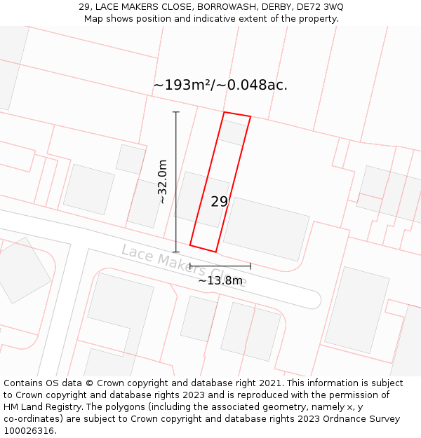 29, LACE MAKERS CLOSE, BORROWASH, DERBY, DE72 3WQ: Plot and title map