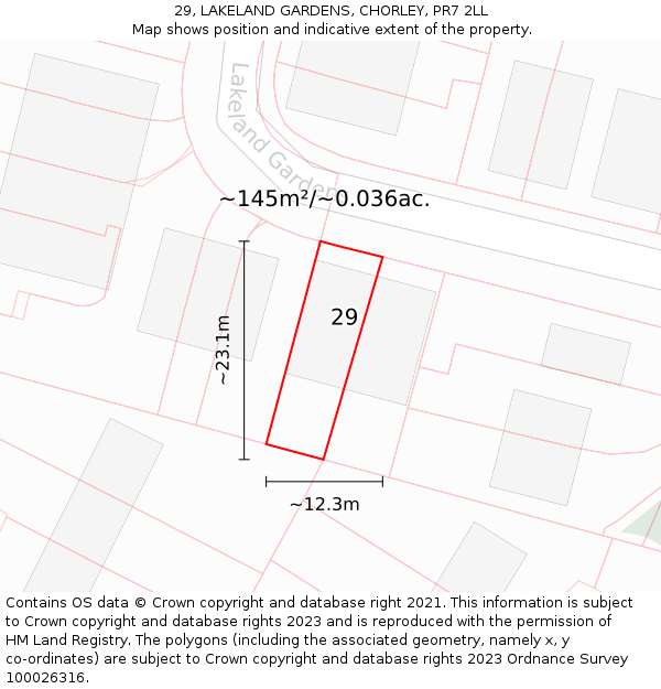 29, LAKELAND GARDENS, CHORLEY, PR7 2LL: Plot and title map