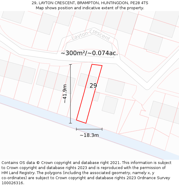 29, LAYTON CRESCENT, BRAMPTON, HUNTINGDON, PE28 4TS: Plot and title map