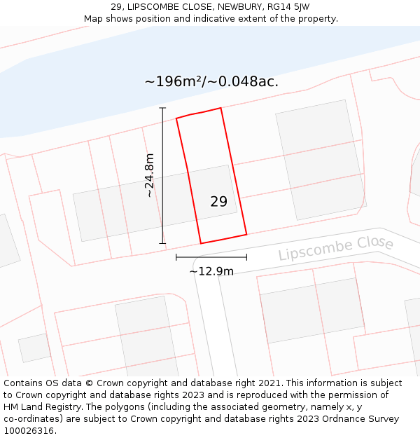 29, LIPSCOMBE CLOSE, NEWBURY, RG14 5JW: Plot and title map