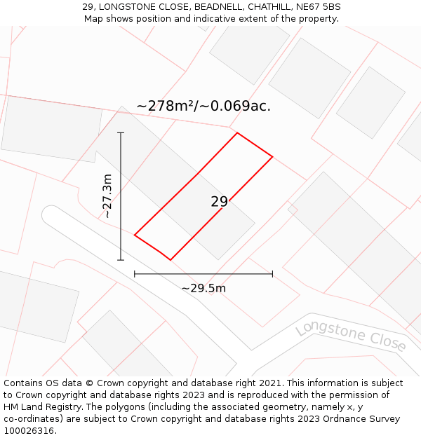 29, LONGSTONE CLOSE, BEADNELL, CHATHILL, NE67 5BS: Plot and title map