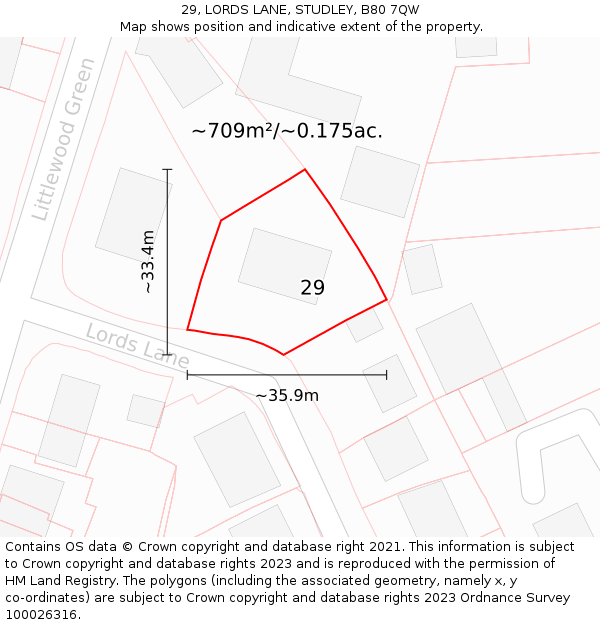 29, LORDS LANE, STUDLEY, B80 7QW: Plot and title map