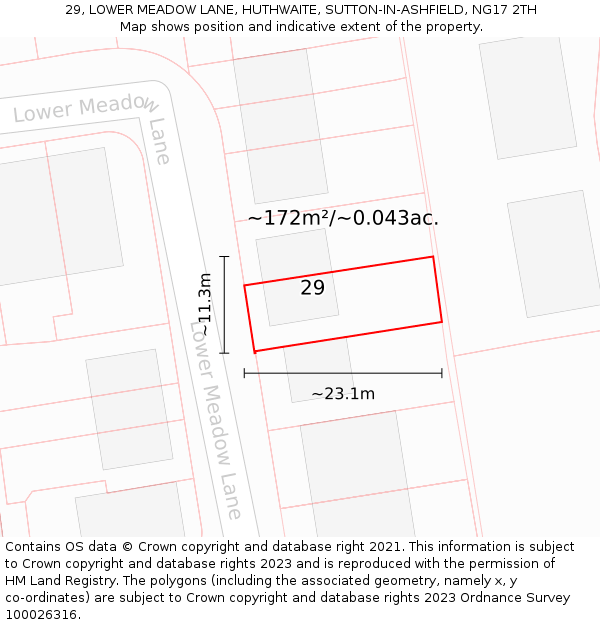 29, LOWER MEADOW LANE, HUTHWAITE, SUTTON-IN-ASHFIELD, NG17 2TH: Plot and title map