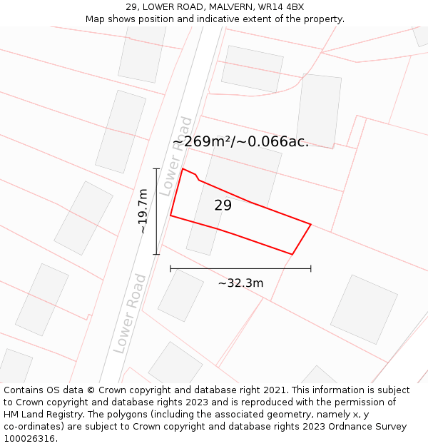 29, LOWER ROAD, MALVERN, WR14 4BX: Plot and title map