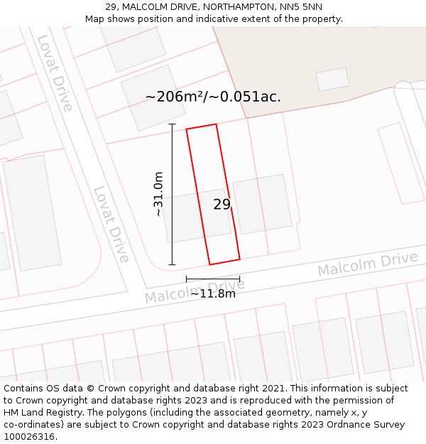 29, MALCOLM DRIVE, NORTHAMPTON, NN5 5NN: Plot and title map