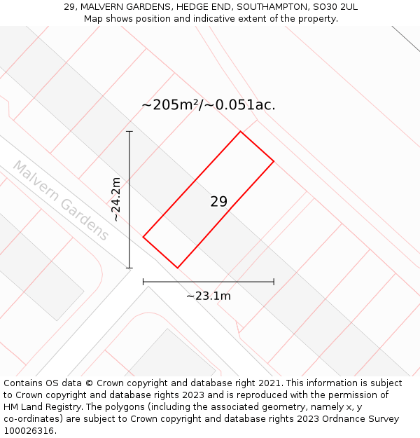 29, MALVERN GARDENS, HEDGE END, SOUTHAMPTON, SO30 2UL: Plot and title map