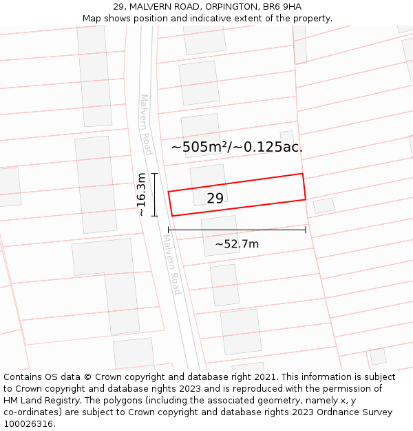 29, MALVERN ROAD, ORPINGTON, BR6 9HA: Plot and title map