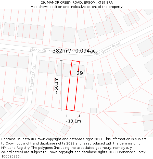 29, MANOR GREEN ROAD, EPSOM, KT19 8RA: Plot and title map