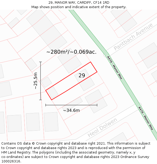 29, MANOR WAY, CARDIFF, CF14 1RD: Plot and title map