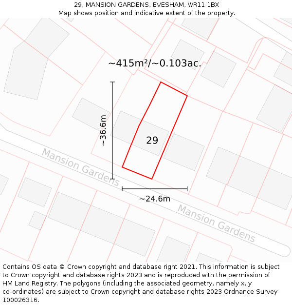 29, MANSION GARDENS, EVESHAM, WR11 1BX: Plot and title map