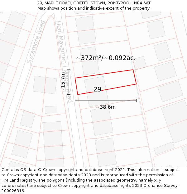 29, MAPLE ROAD, GRIFFITHSTOWN, PONTYPOOL, NP4 5AT: Plot and title map