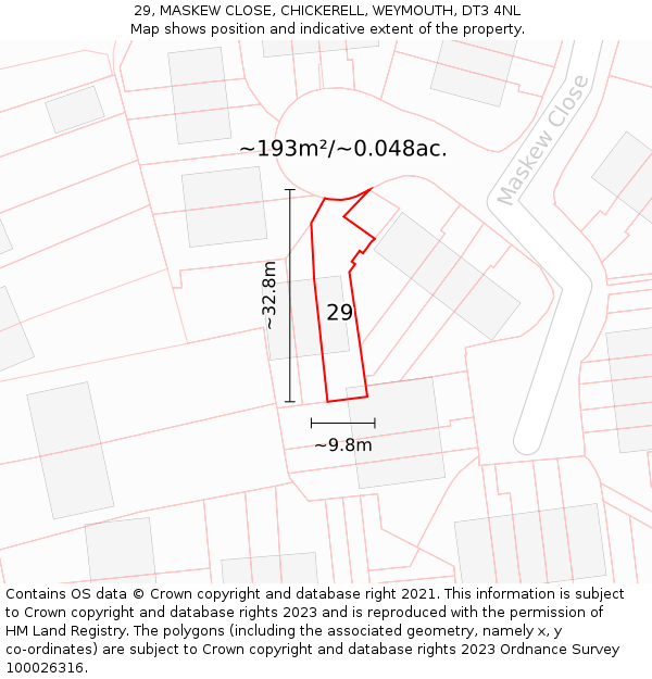 29, MASKEW CLOSE, CHICKERELL, WEYMOUTH, DT3 4NL: Plot and title map