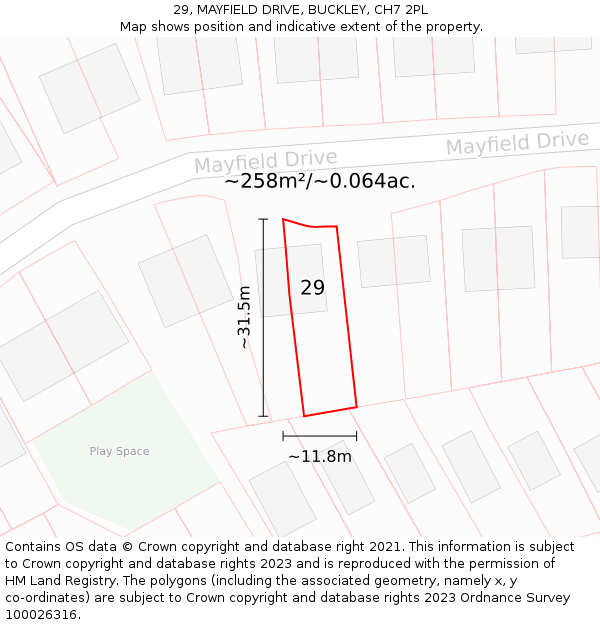 29, MAYFIELD DRIVE, BUCKLEY, CH7 2PL: Plot and title map