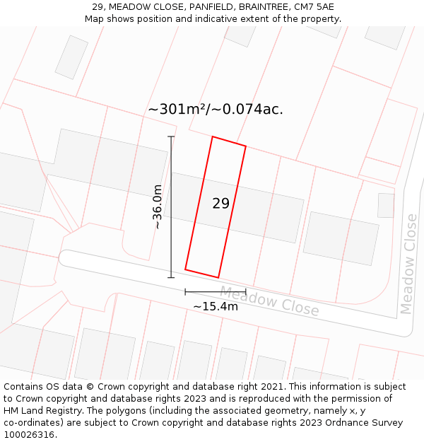 29, MEADOW CLOSE, PANFIELD, BRAINTREE, CM7 5AE: Plot and title map