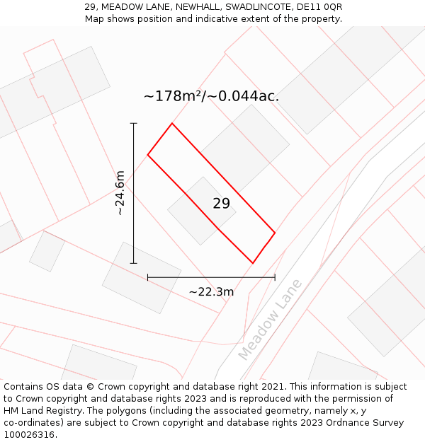 29, MEADOW LANE, NEWHALL, SWADLINCOTE, DE11 0QR: Plot and title map
