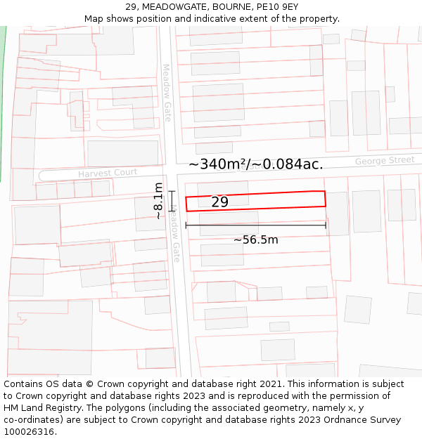 29, MEADOWGATE, BOURNE, PE10 9EY: Plot and title map