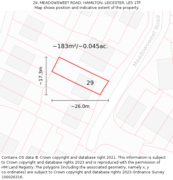 29, MEADOWSWEET ROAD, HAMILTON, LEICESTER, LE5 1TP: Plot and title map