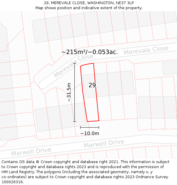 29, MEREVALE CLOSE, WASHINGTON, NE37 3LP: Plot and title map