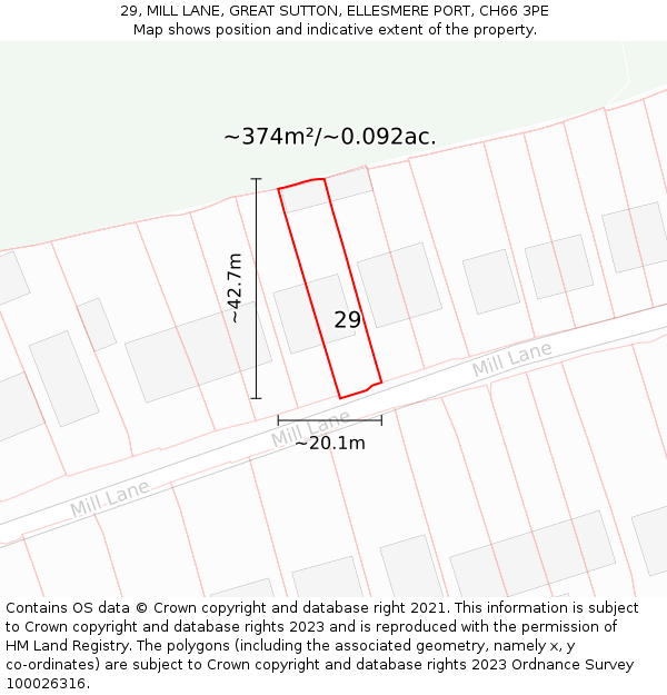 29, MILL LANE, GREAT SUTTON, ELLESMERE PORT, CH66 3PE: Plot and title map