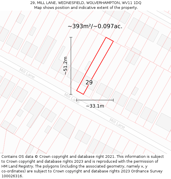 29, MILL LANE, WEDNESFIELD, WOLVERHAMPTON, WV11 1DQ: Plot and title map
