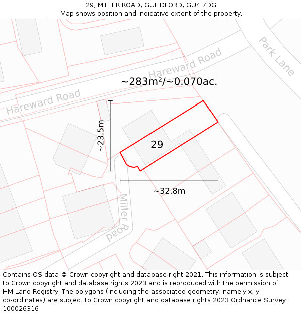 29, MILLER ROAD, GUILDFORD, GU4 7DG: Plot and title map