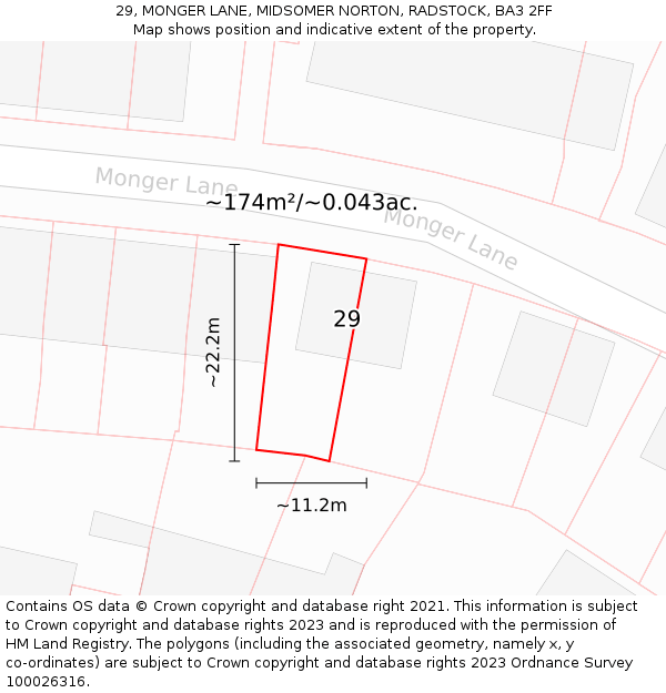 29, MONGER LANE, MIDSOMER NORTON, RADSTOCK, BA3 2FF: Plot and title map