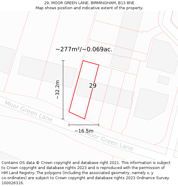 29, MOOR GREEN LANE, BIRMINGHAM, B13 8NE: Plot and title map