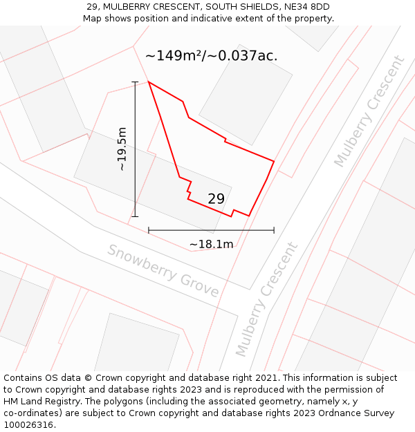 29, MULBERRY CRESCENT, SOUTH SHIELDS, NE34 8DD: Plot and title map