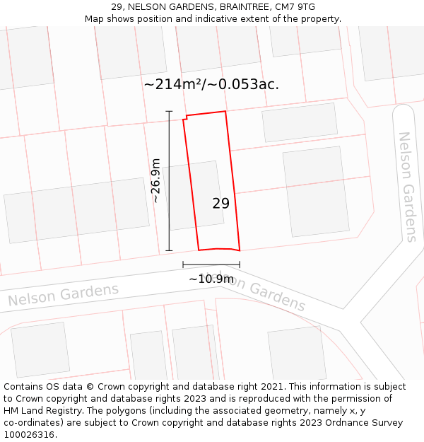 29, NELSON GARDENS, BRAINTREE, CM7 9TG: Plot and title map
