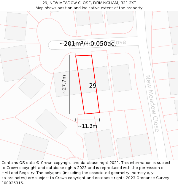 29, NEW MEADOW CLOSE, BIRMINGHAM, B31 3XT: Plot and title map