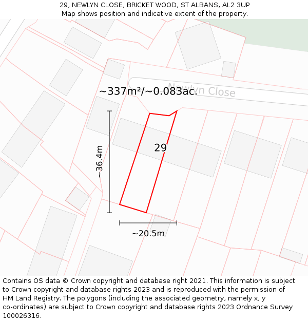 29, NEWLYN CLOSE, BRICKET WOOD, ST ALBANS, AL2 3UP: Plot and title map