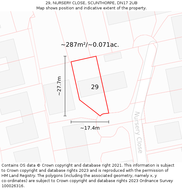 29, NURSERY CLOSE, SCUNTHORPE, DN17 2UB: Plot and title map