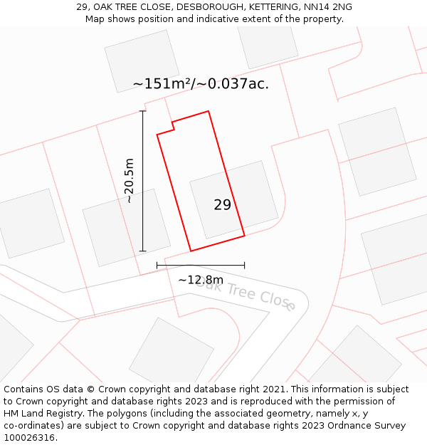 29, OAK TREE CLOSE, DESBOROUGH, KETTERING, NN14 2NG: Plot and title map