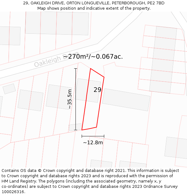 29, OAKLEIGH DRIVE, ORTON LONGUEVILLE, PETERBOROUGH, PE2 7BD: Plot and title map