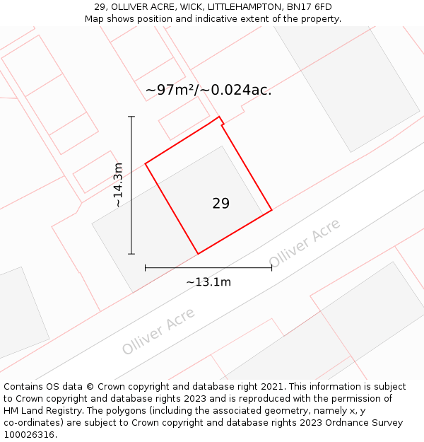 29, OLLIVER ACRE, WICK, LITTLEHAMPTON, BN17 6FD: Plot and title map