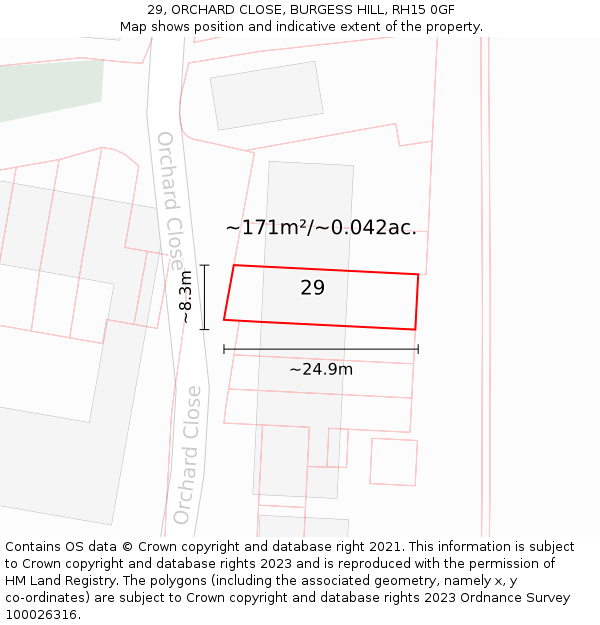 29, ORCHARD CLOSE, BURGESS HILL, RH15 0GF: Plot and title map