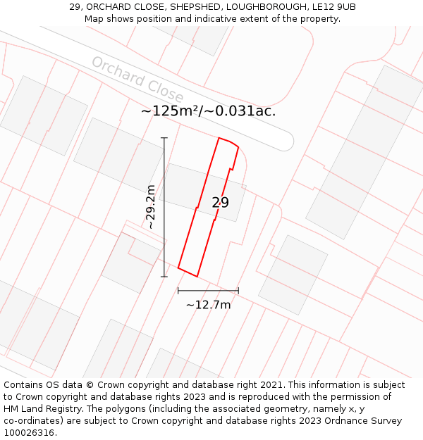 29, ORCHARD CLOSE, SHEPSHED, LOUGHBOROUGH, LE12 9UB: Plot and title map