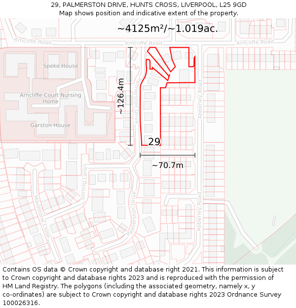 29, PALMERSTON DRIVE, HUNTS CROSS, LIVERPOOL, L25 9GD: Plot and title map
