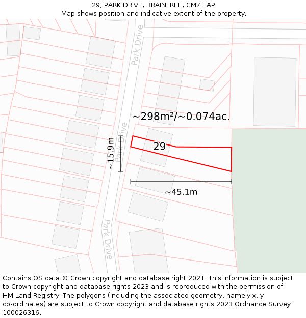 29, PARK DRIVE, BRAINTREE, CM7 1AP: Plot and title map
