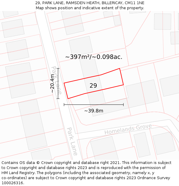 29, PARK LANE, RAMSDEN HEATH, BILLERICAY, CM11 1NE: Plot and title map