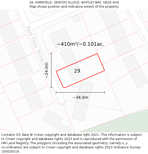 29, PARKFIELD, SEATON SLUICE, WHITLEY BAY, NE26 4HS: Plot and title map