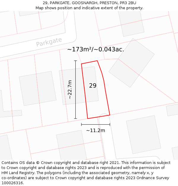 29, PARKGATE, GOOSNARGH, PRESTON, PR3 2BU: Plot and title map