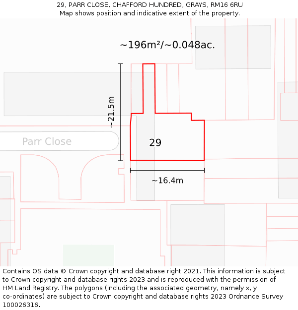 29, PARR CLOSE, CHAFFORD HUNDRED, GRAYS, RM16 6RU: Plot and title map